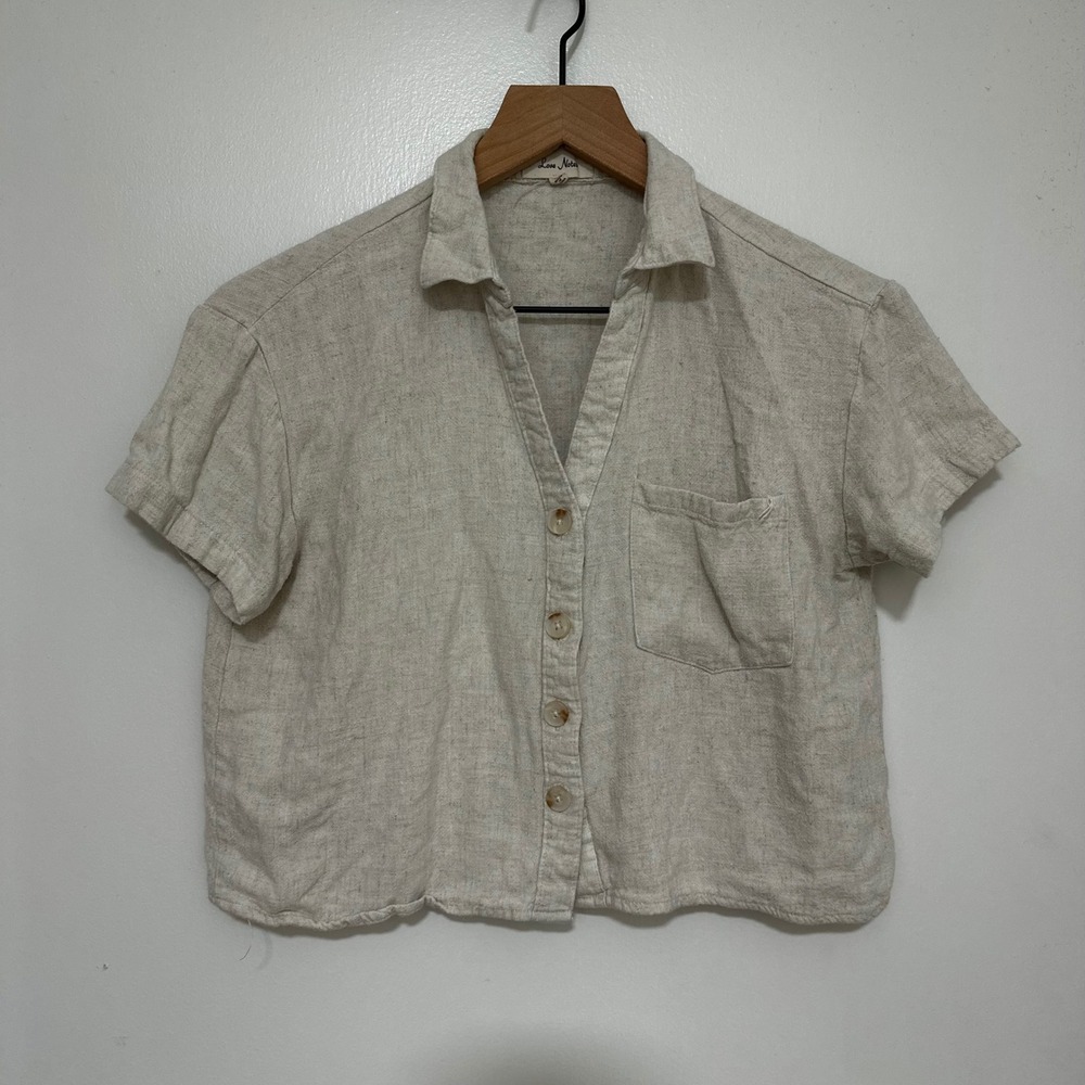 Love Notes | Oatmeal Beige Linen Blend Cropped Short Sleeve Button Down Top, M